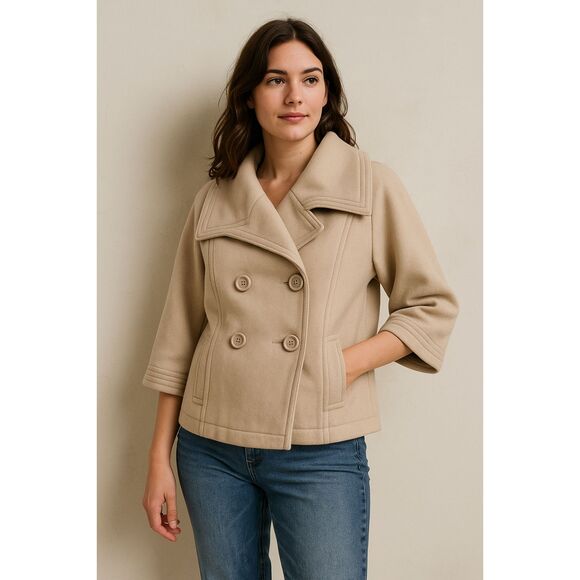 Old Navy Soft Neutral Beige Wool Blend Peacoat Wide Collar Classic Womans XS - Picture 1 of 9